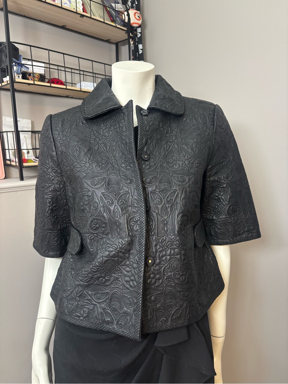 Nygard Black Embossed Genuine Leather Short Sleeve Jacket